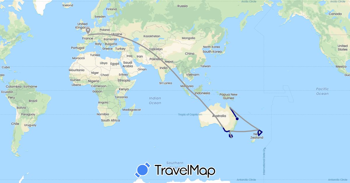 TravelMap itinerary: driving, plane in Australia, France, Indonesia, New Zealand, Singapore (Asia, Europe, Oceania)